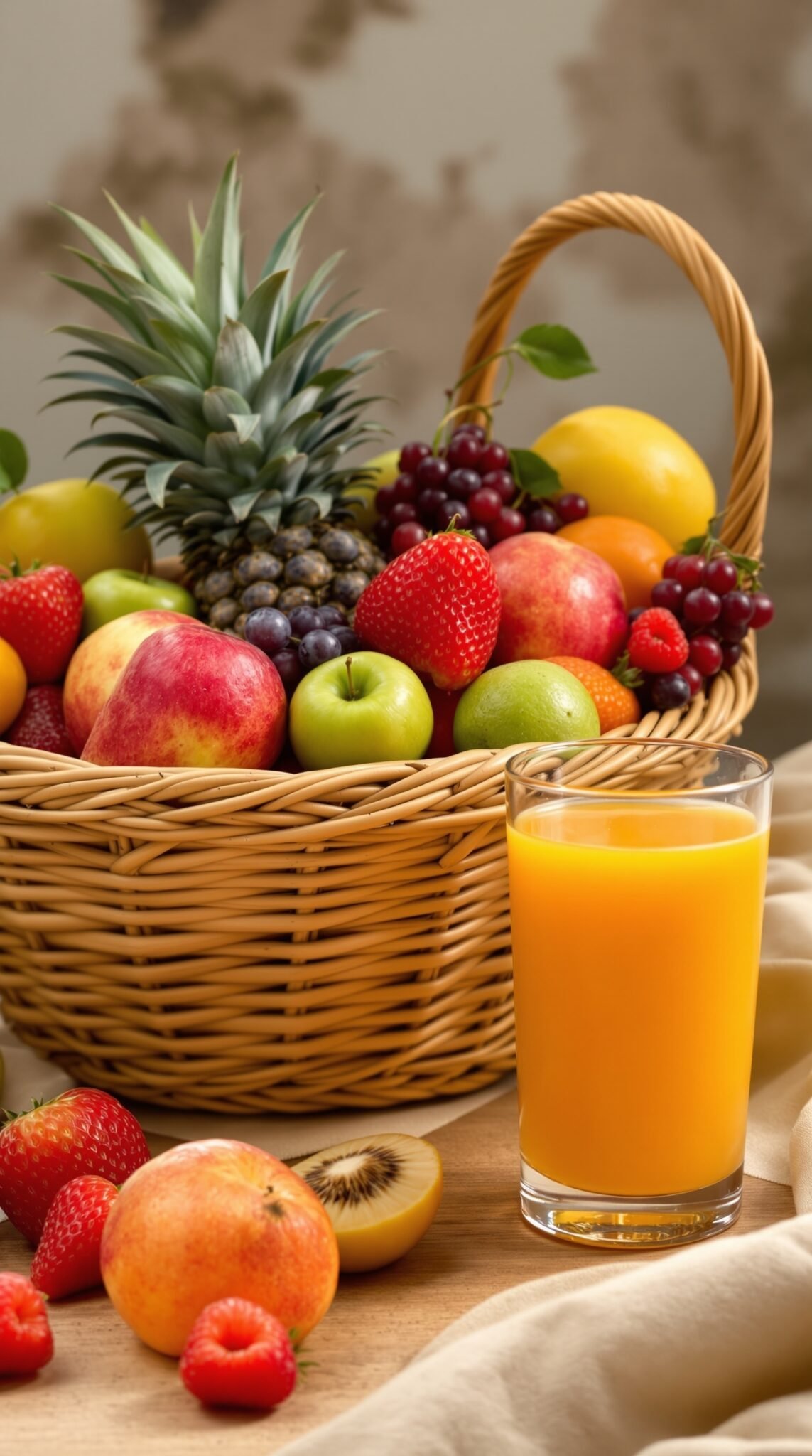 A basket of assorted whole fruits such as apples, grapes, and strawberries next to a glass of orange juice.