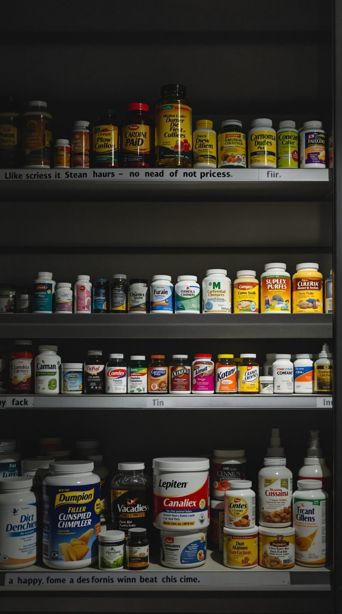 Shelves filled with various dietary supplements and quick fix products.