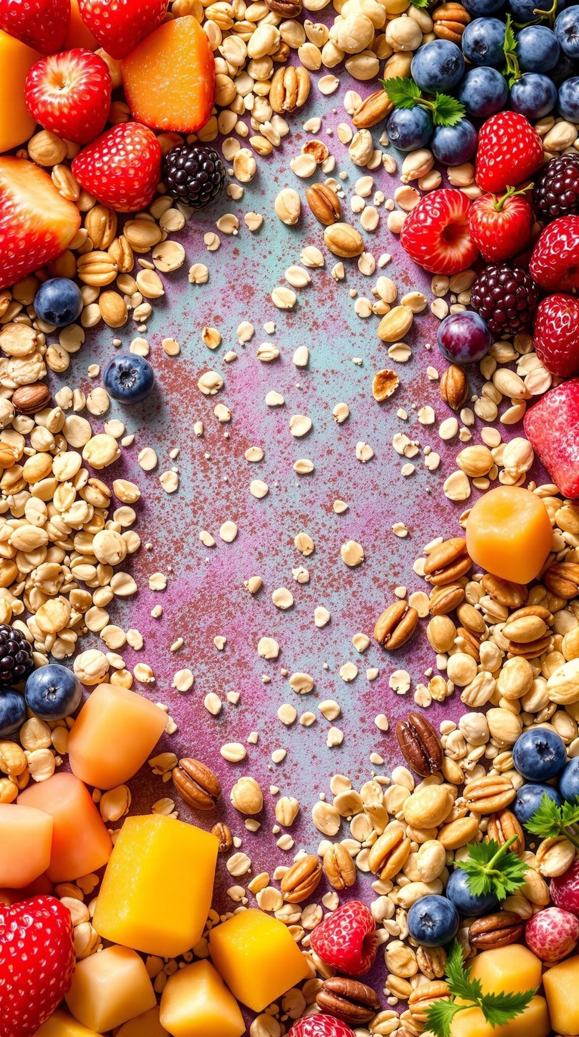 A vibrant display of various fruits, rolled oats, and nuts, illustrating a healthy breakfast.