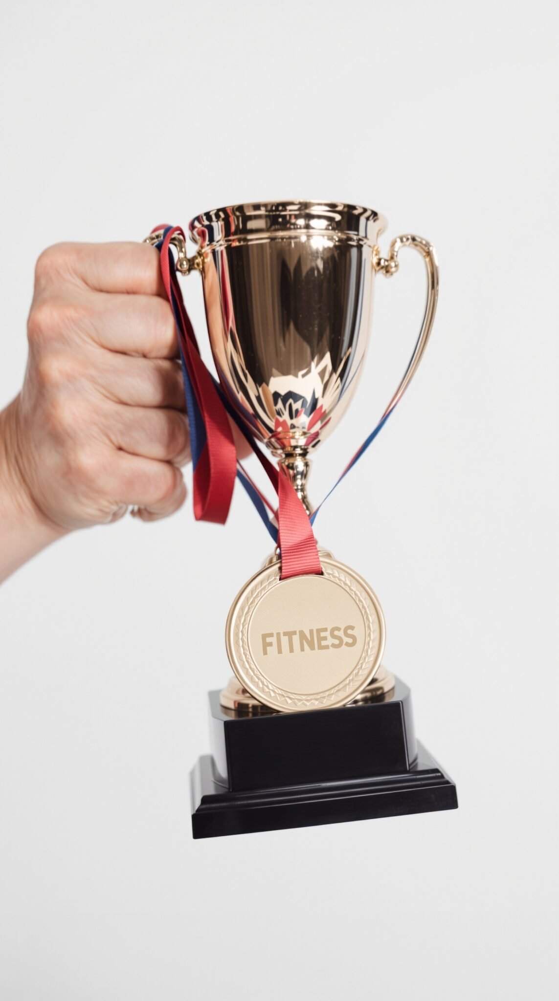 A hand holding a gold trophy with a 'FITNESS' medal, symbolizing achievement and celebration in fitness.