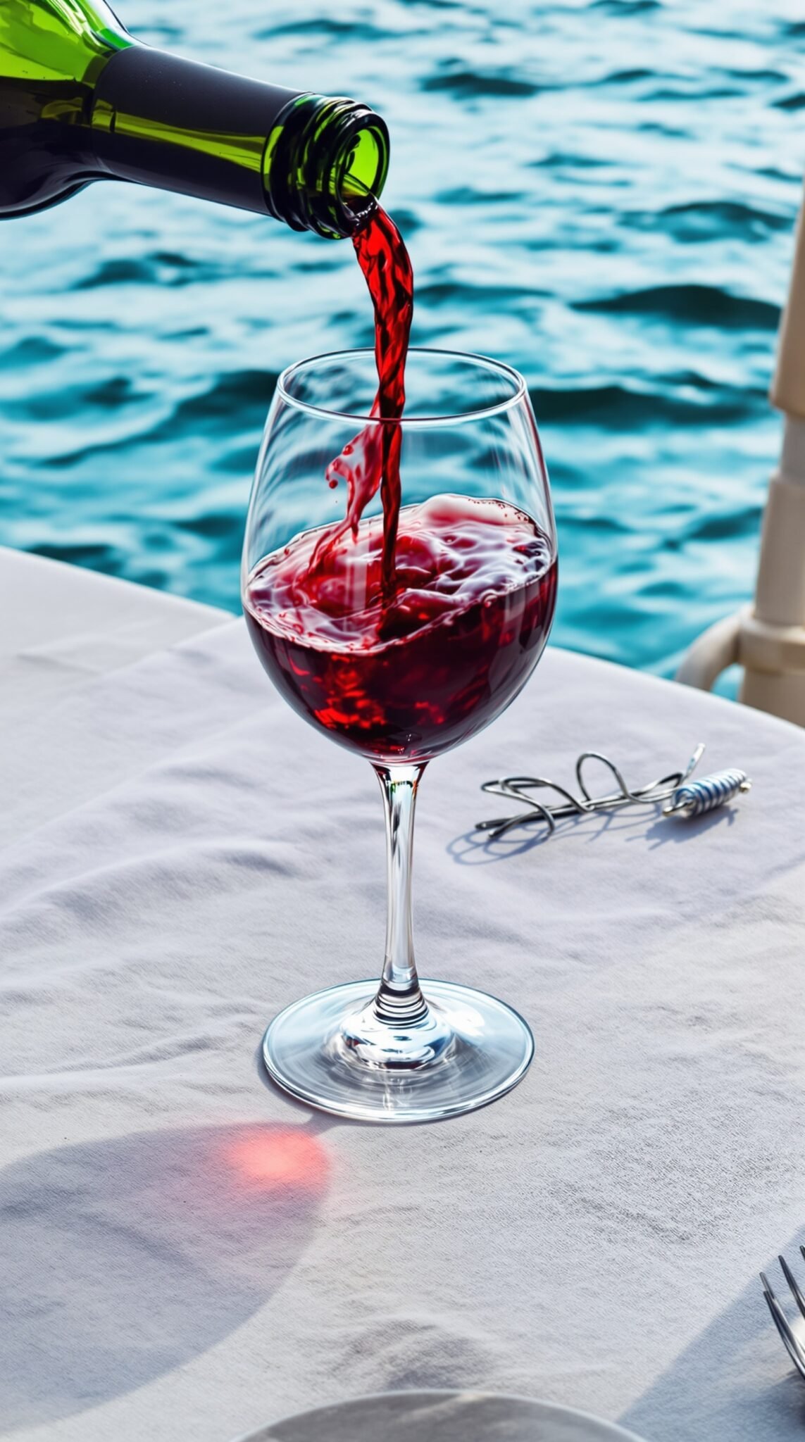 A glass of red wine being poured beside a beautiful water view.