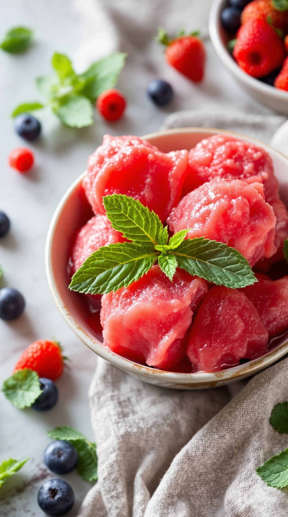 A bowl of fruit sorbet topped with mint leaves, surrounded by fresh strawberries, blueberries, and raspberries