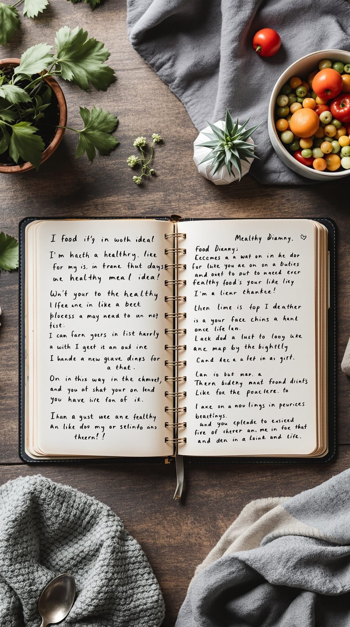 A food diary open on a table surrounded by fresh vegetables and herbs.