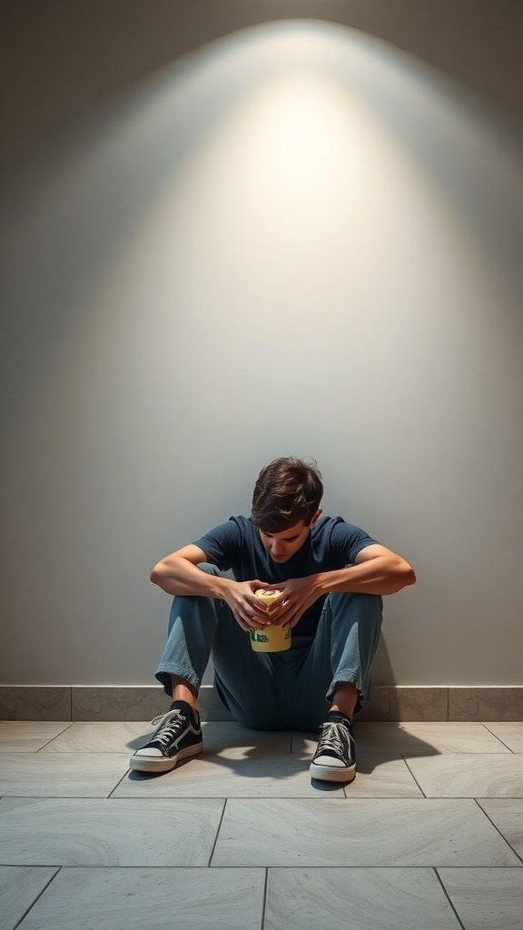 A young person sitting against a wall, holding food, looking thoughtful and introspective.