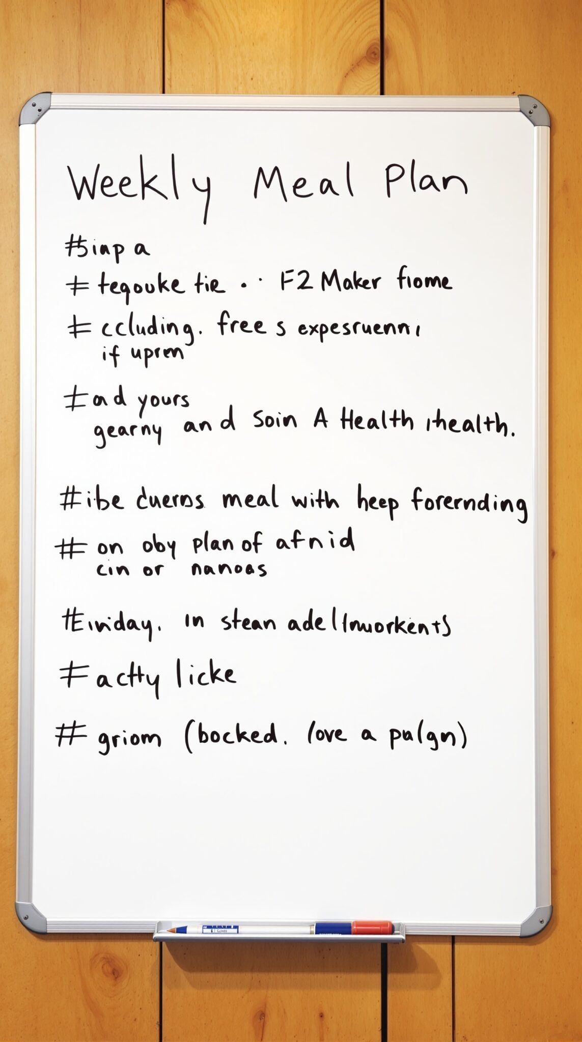 A whiteboard displaying a weekly meal plan with handwritten notes