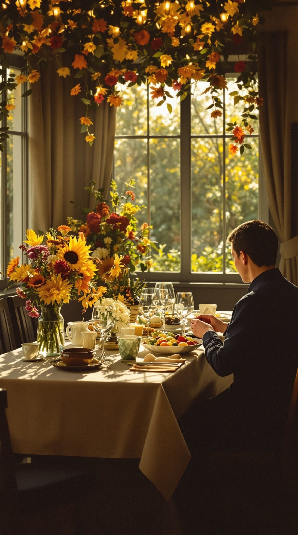 A tranquil dining scene with a beautifully set table featuring flowers and delicious food, reflecting a mindful eating experience.