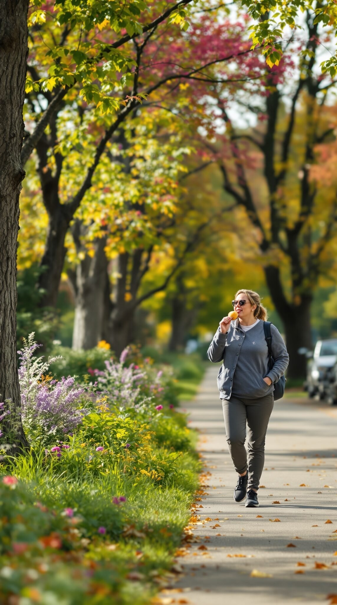 A woman walking and enjoying nature, highlighting the joy of incorporating physical activity into daily life.