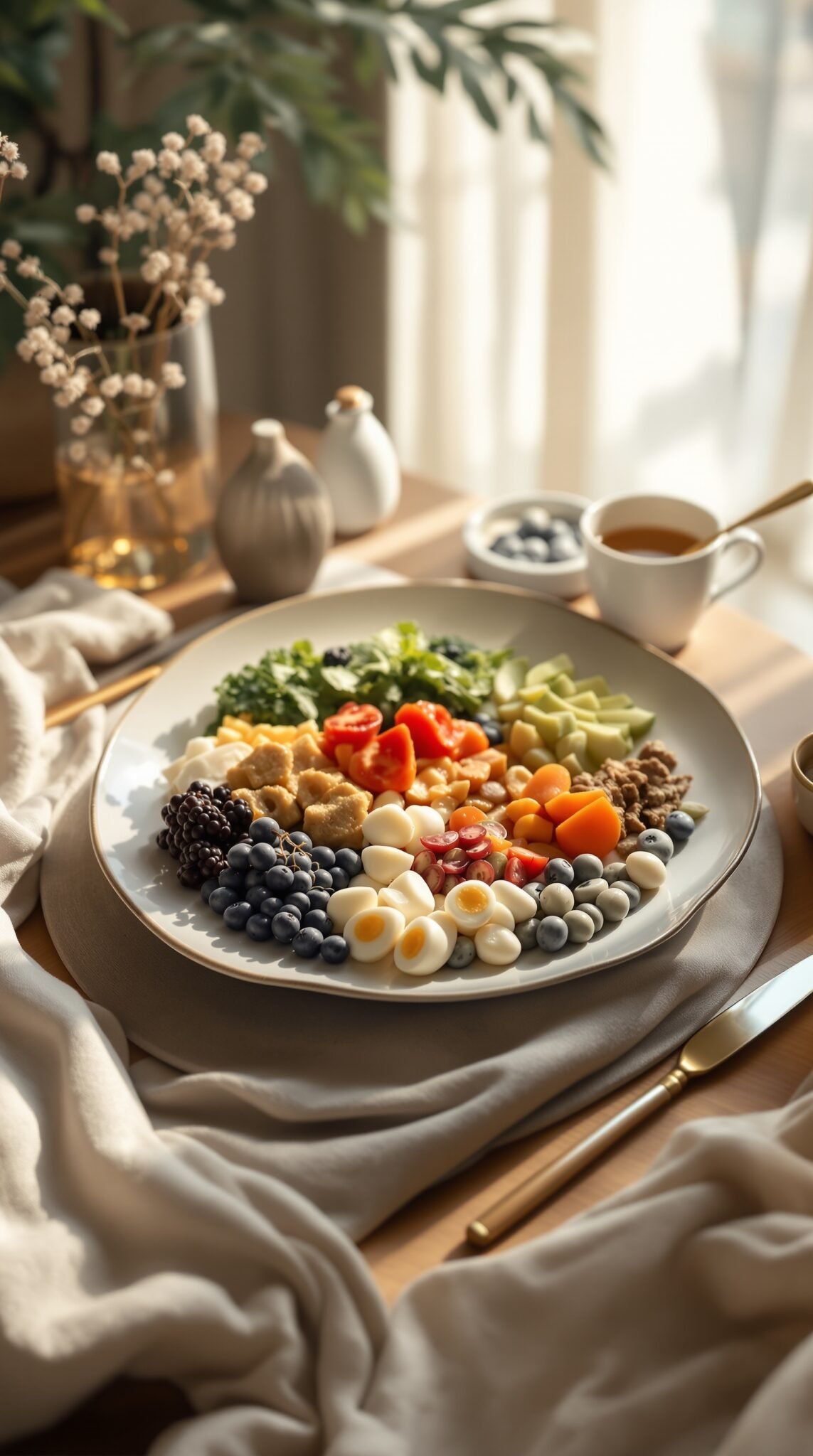 A beautiful, colorful plate of healthy foods, including fruits, vegetables, and nuts, arranged aesthetically.