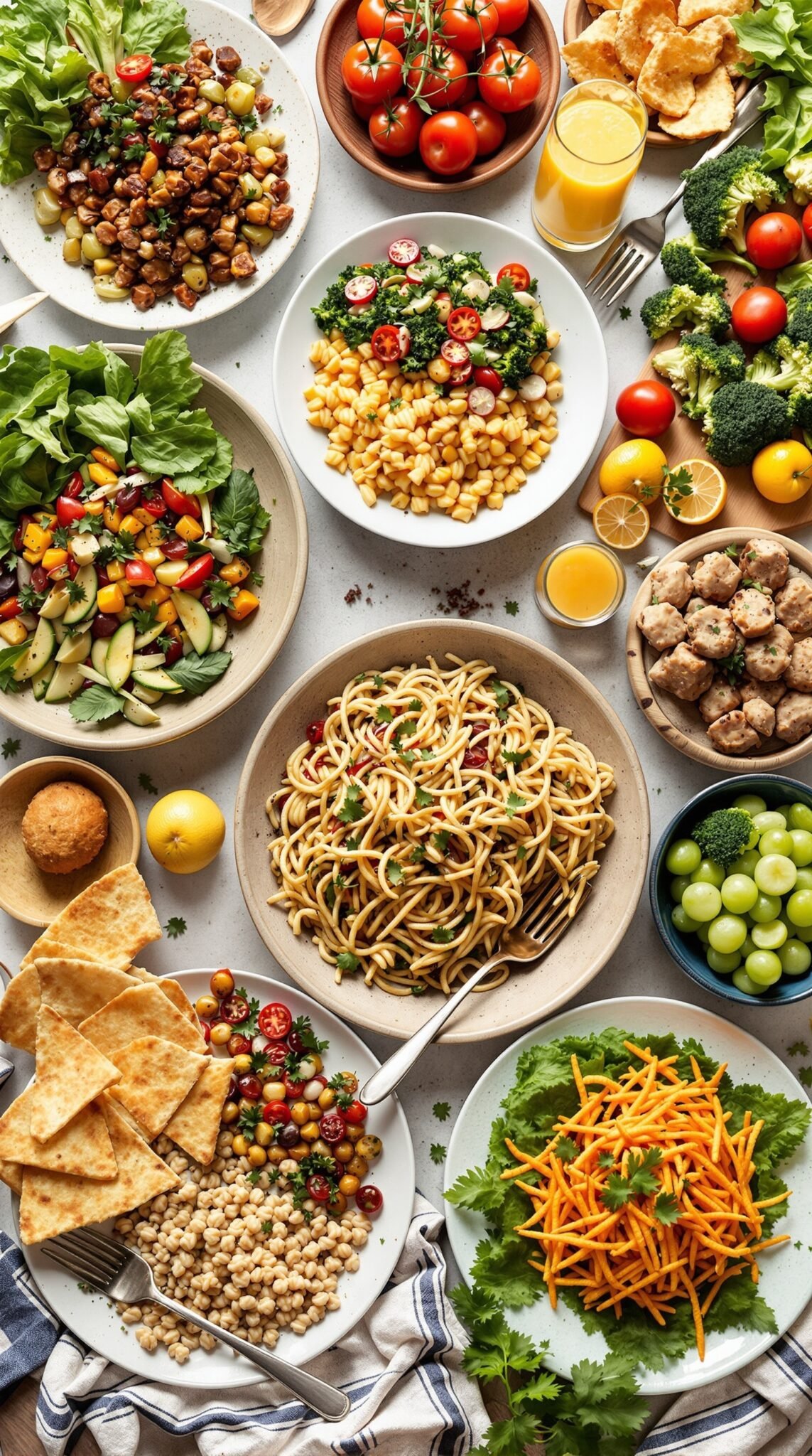 A vibrant and healthy spread of various cultural cuisines including salads, pasta, grains, and fruits.