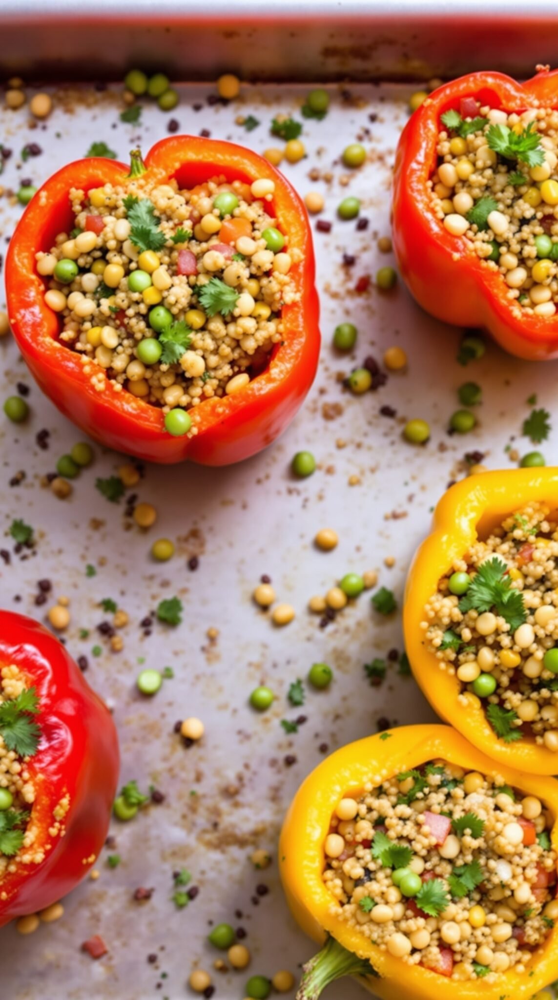 A tray of colorful stuffed bell peppers filled with quinoa, beans, and garnished with cilantro.
