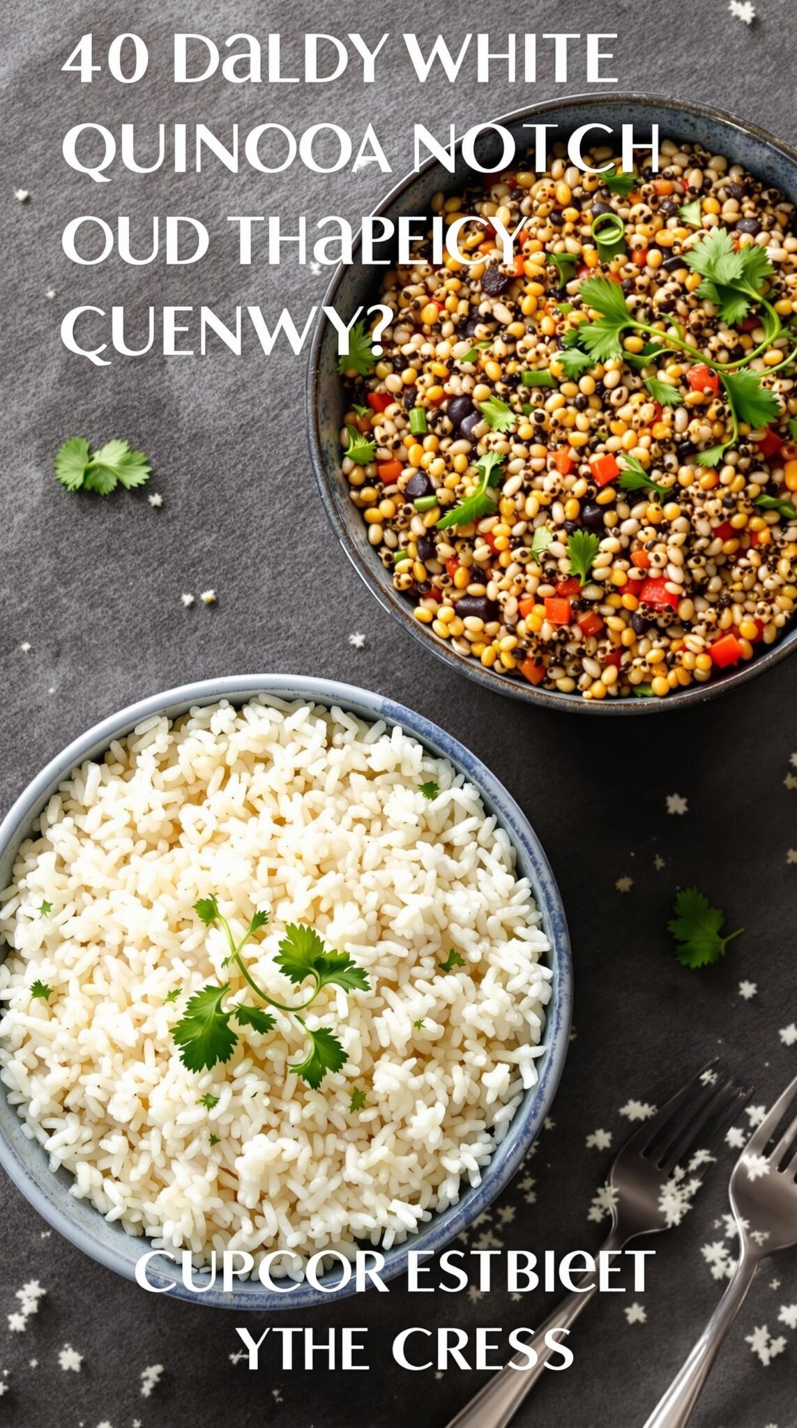 A bowl of cooked quinoa garnished with vegetables next to a bowl of white rice.