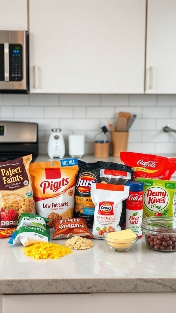 An array of diet foods displayed on a kitchen countertop