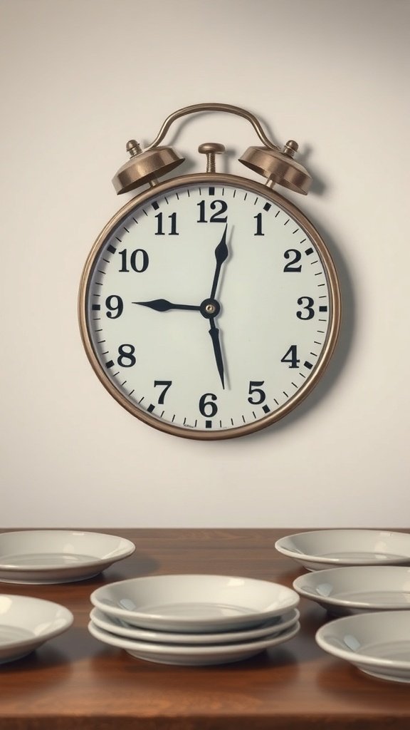 An alarm clock showing mealtime with empty plates stacked beside it