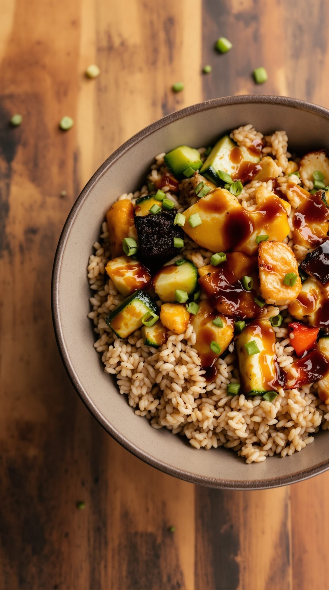 A delicious brown rice bowl topped with vegetables and sauce.