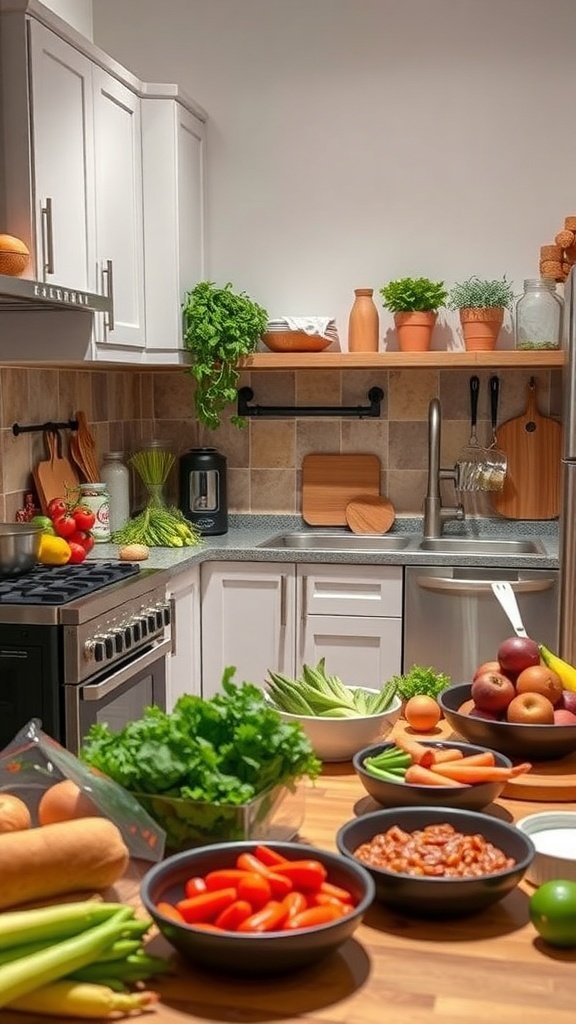 A bright kitchen with fresh vegetables and fruits arranged on the counter, promoting meal preparation and healthy eating.