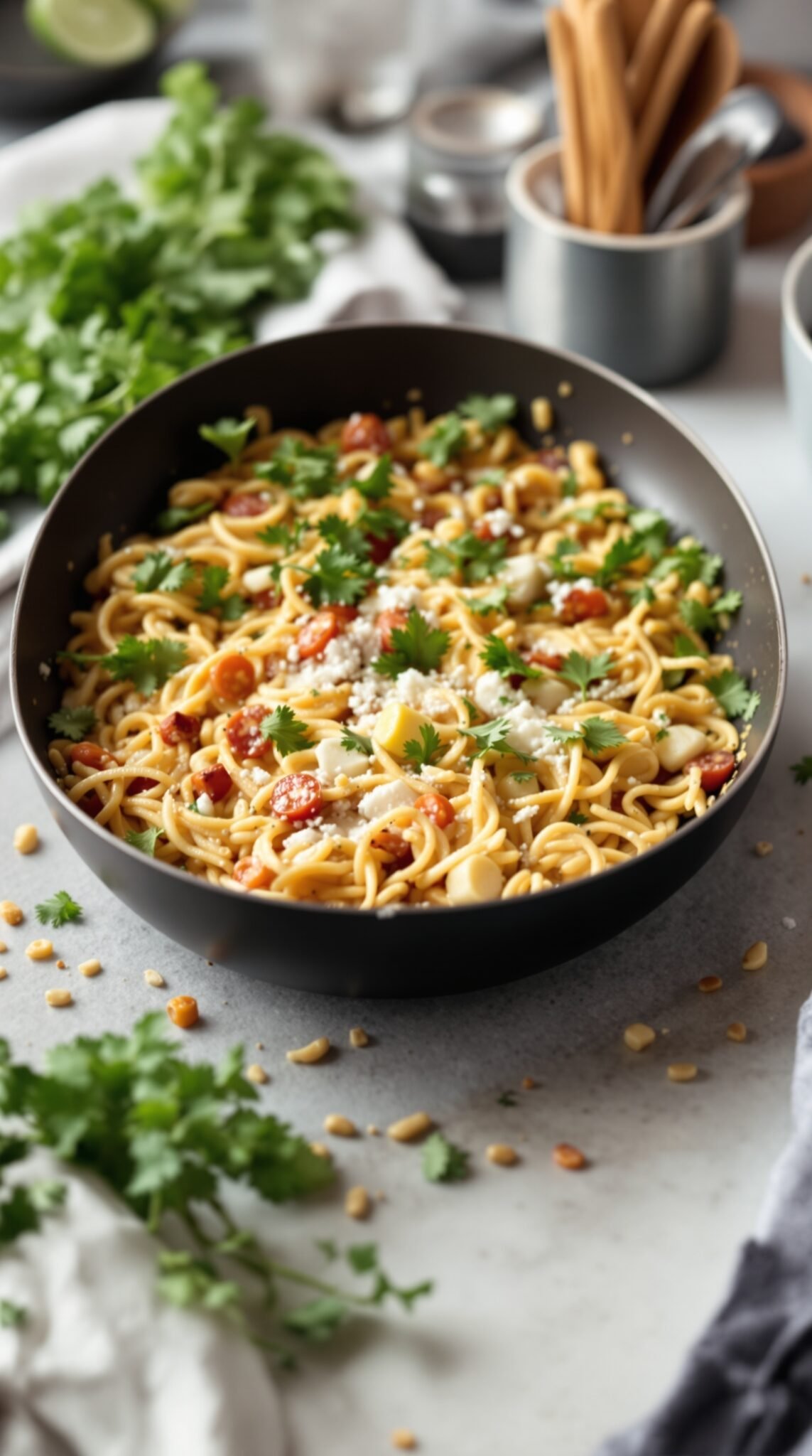 A bowl of colorful pasta with cherry tomatoes, cilantro, and feta cheese, on a kitchen countertop.