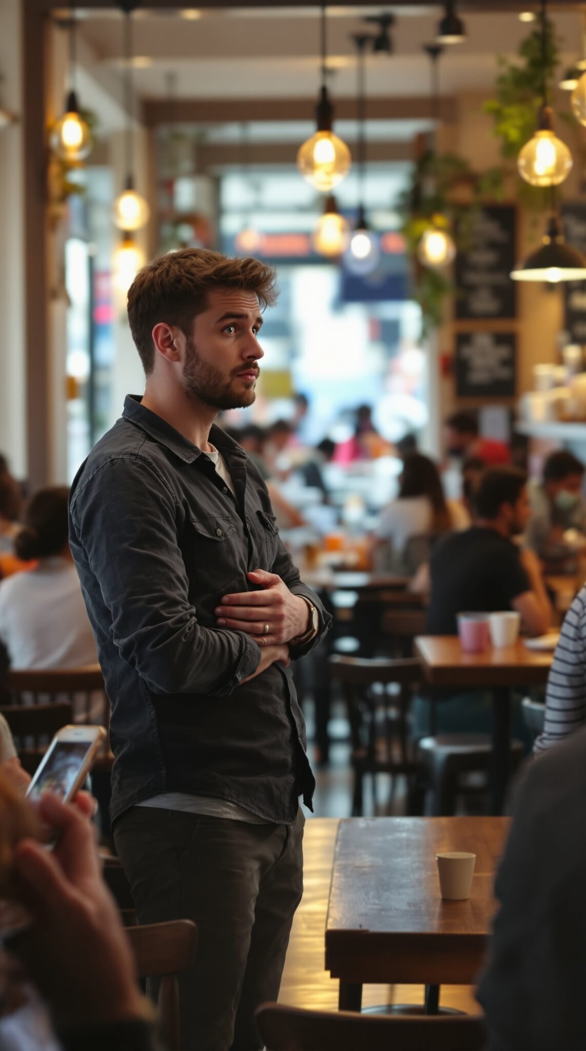 A young man standing in a coffee shop, appearing thoughtful and possibly hungry.
