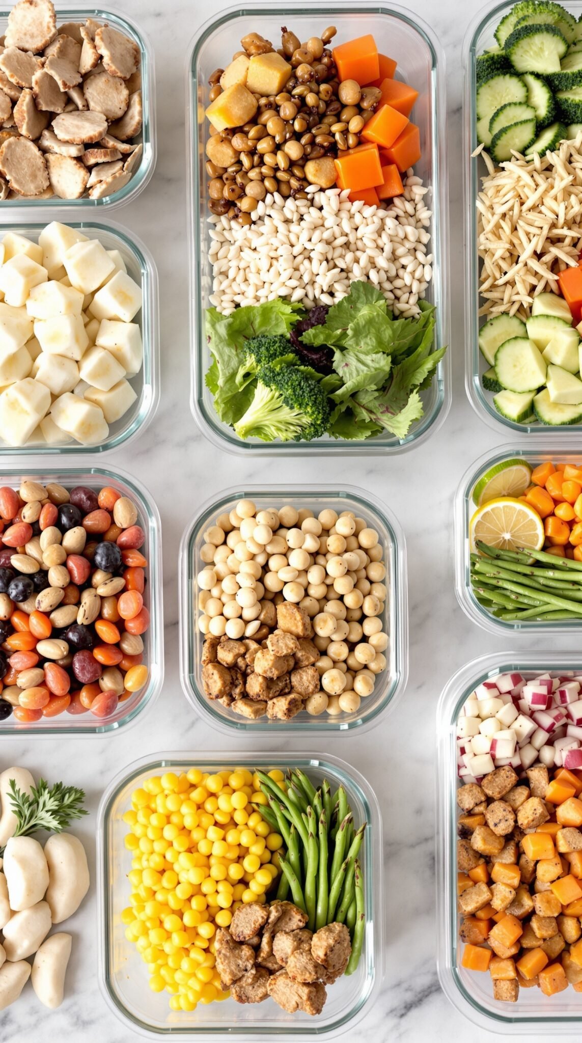 A colorful array of meal prep containers filled with fresh vegetables, proteins, and grains for healthy eating.