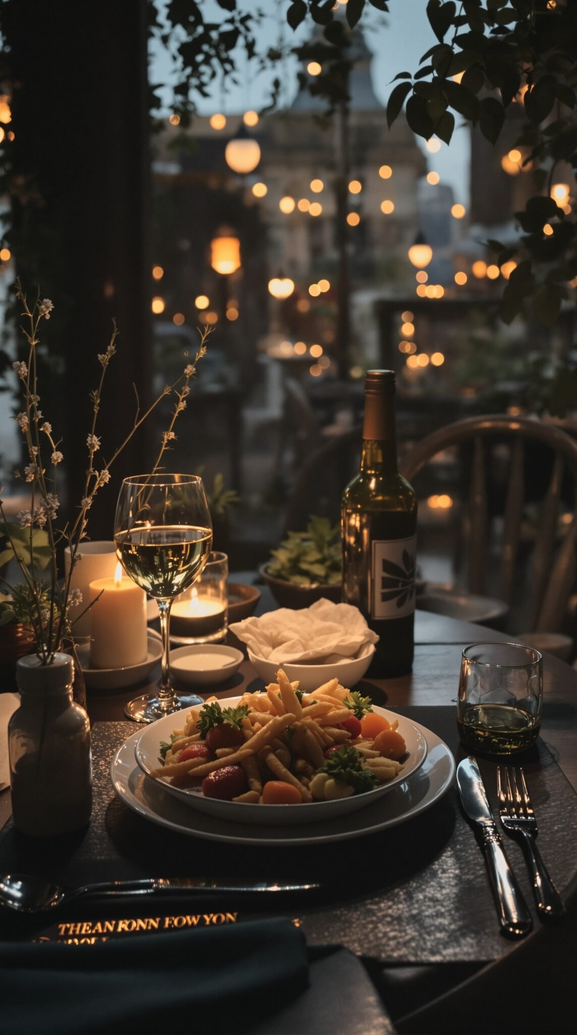 A beautifully arranged dining table with a plate of vibrant salad, glasses of wine, and ambient lighting
