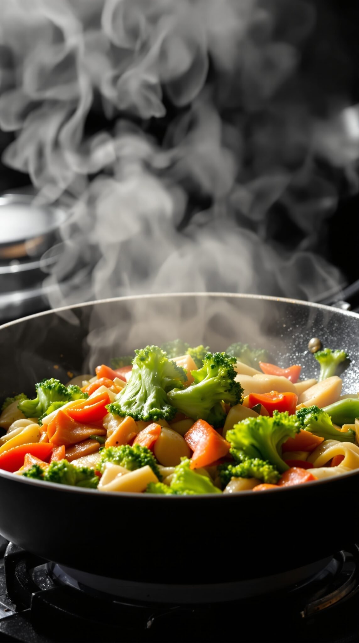 A colorful stir-fry with steamed vegetables being cooked in a pan.