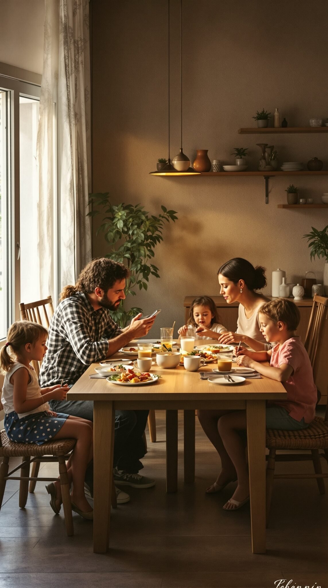 A family eating a meal together at a table, with some members looking at their phones.