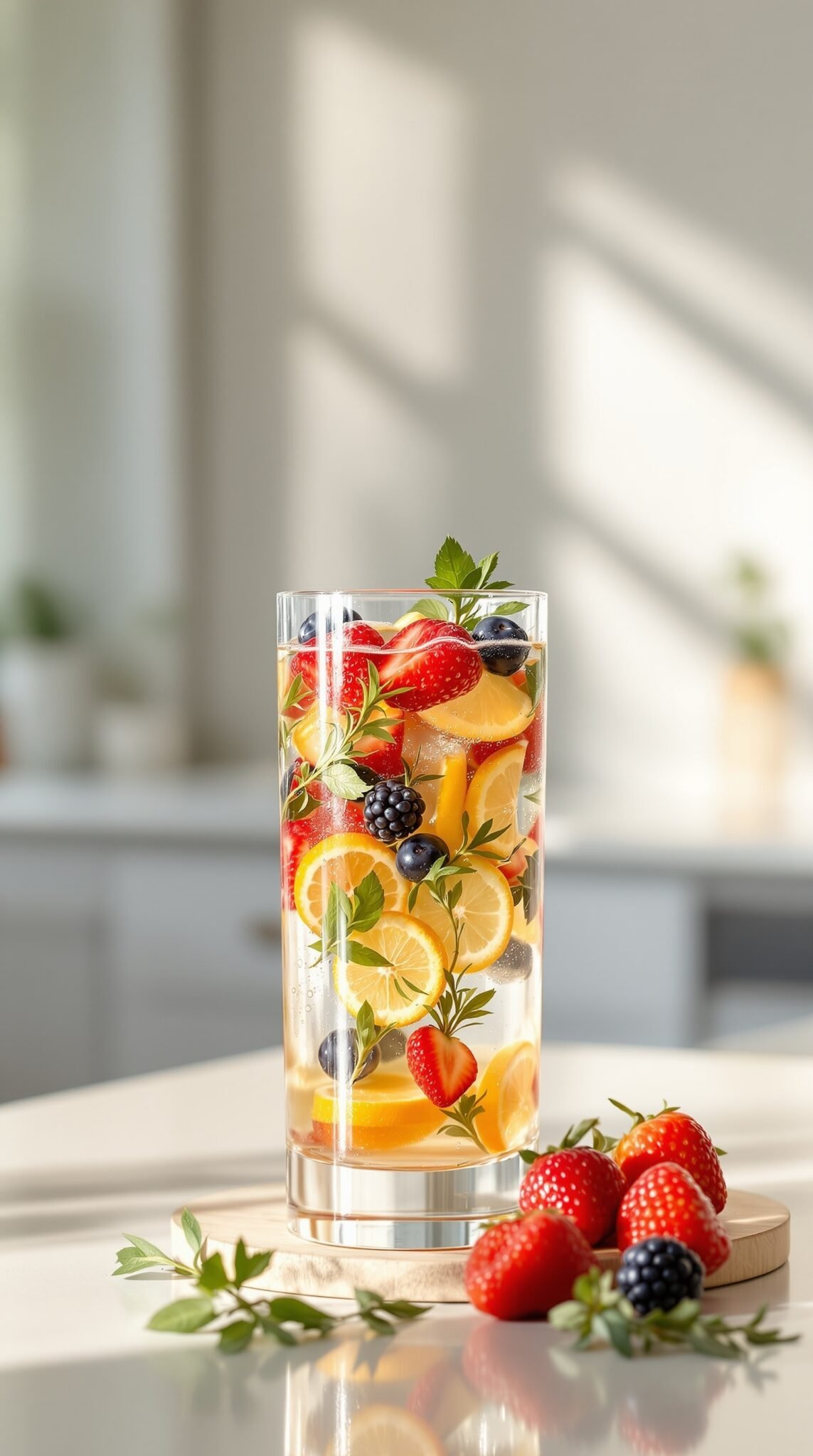 A glass of flavored water with strawberries, lemons, and berries on a kitchen countertop.