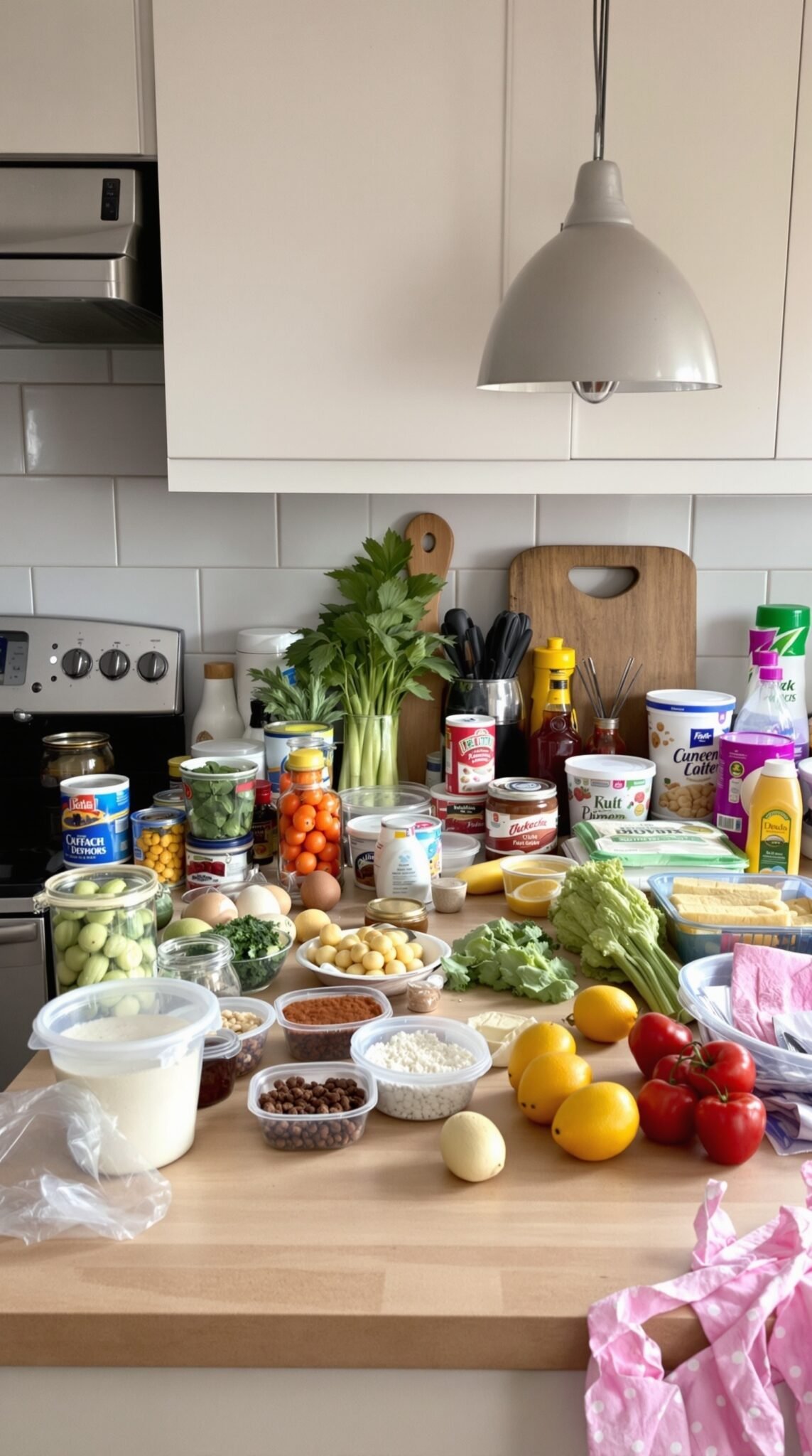 Kitchen table filled with fresh vegetables, fruits, and meal prep containers.