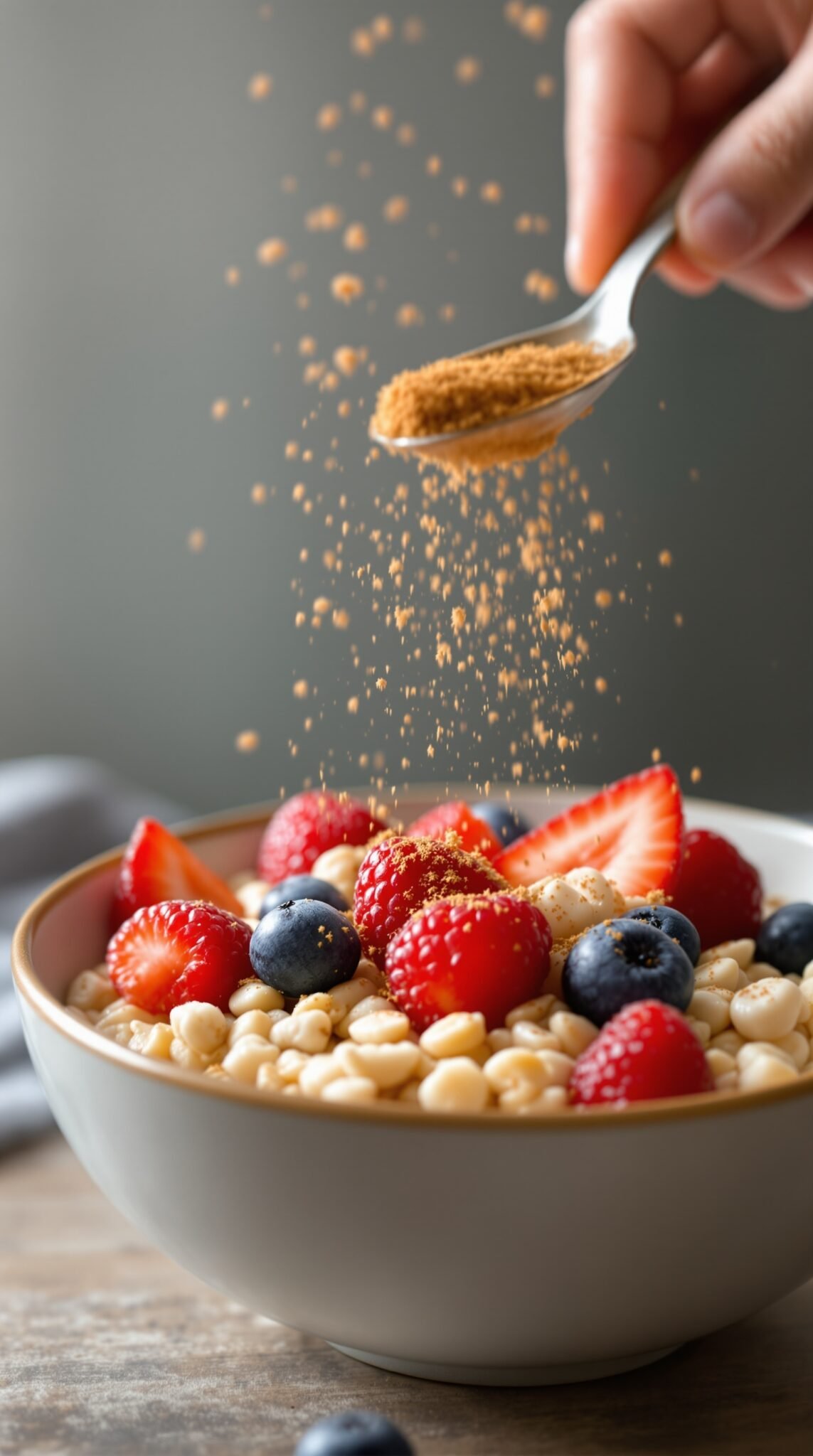 A hand pouring cinnamon into a bowl of oatmeal topped with berries.