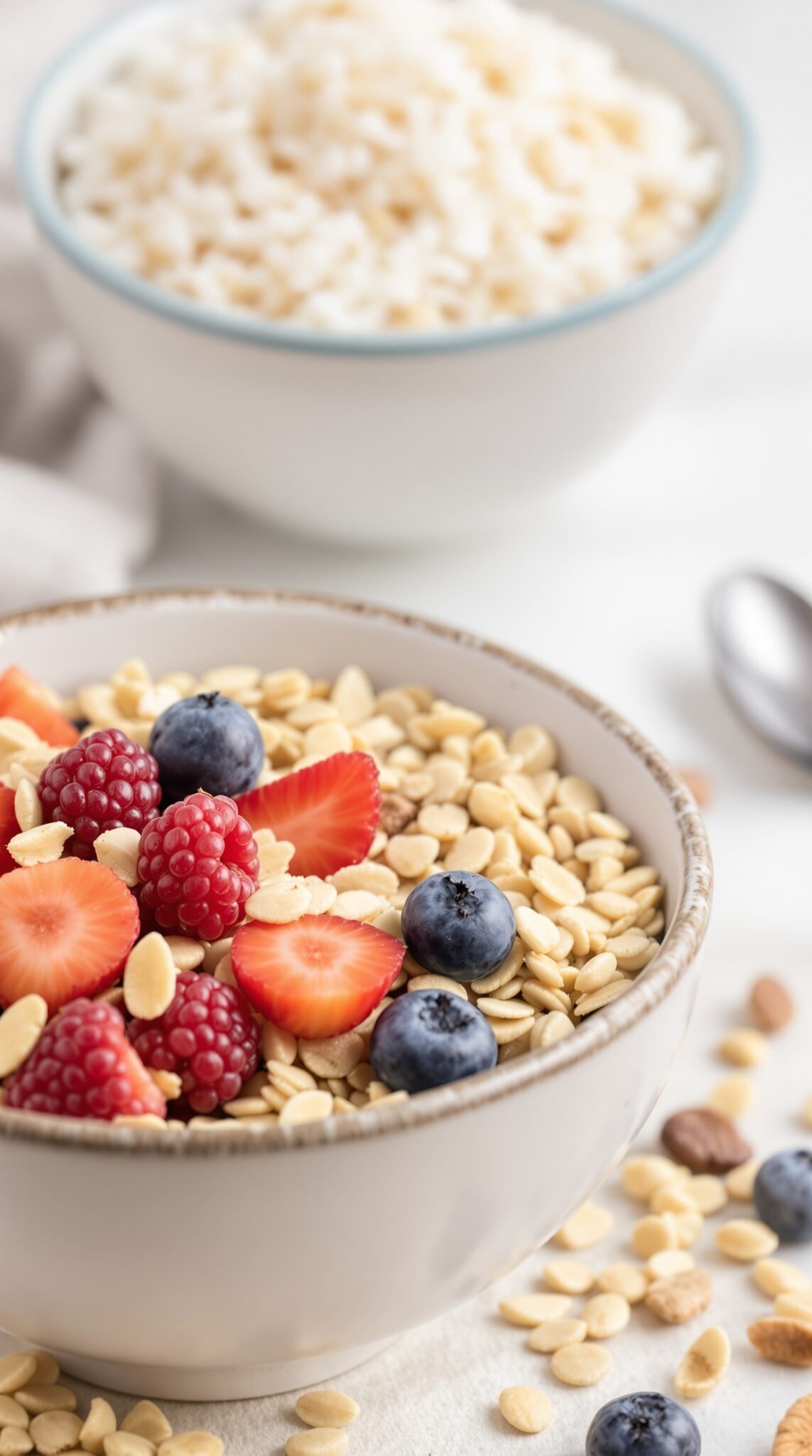 A bowl of oats topped with strawberries, raspberries, and blueberries, highlighting the benefits of whole grains.