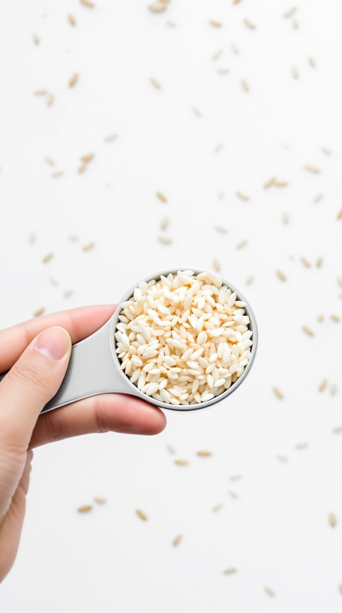 Hand holding a measuring cup filled with sesame seeds.