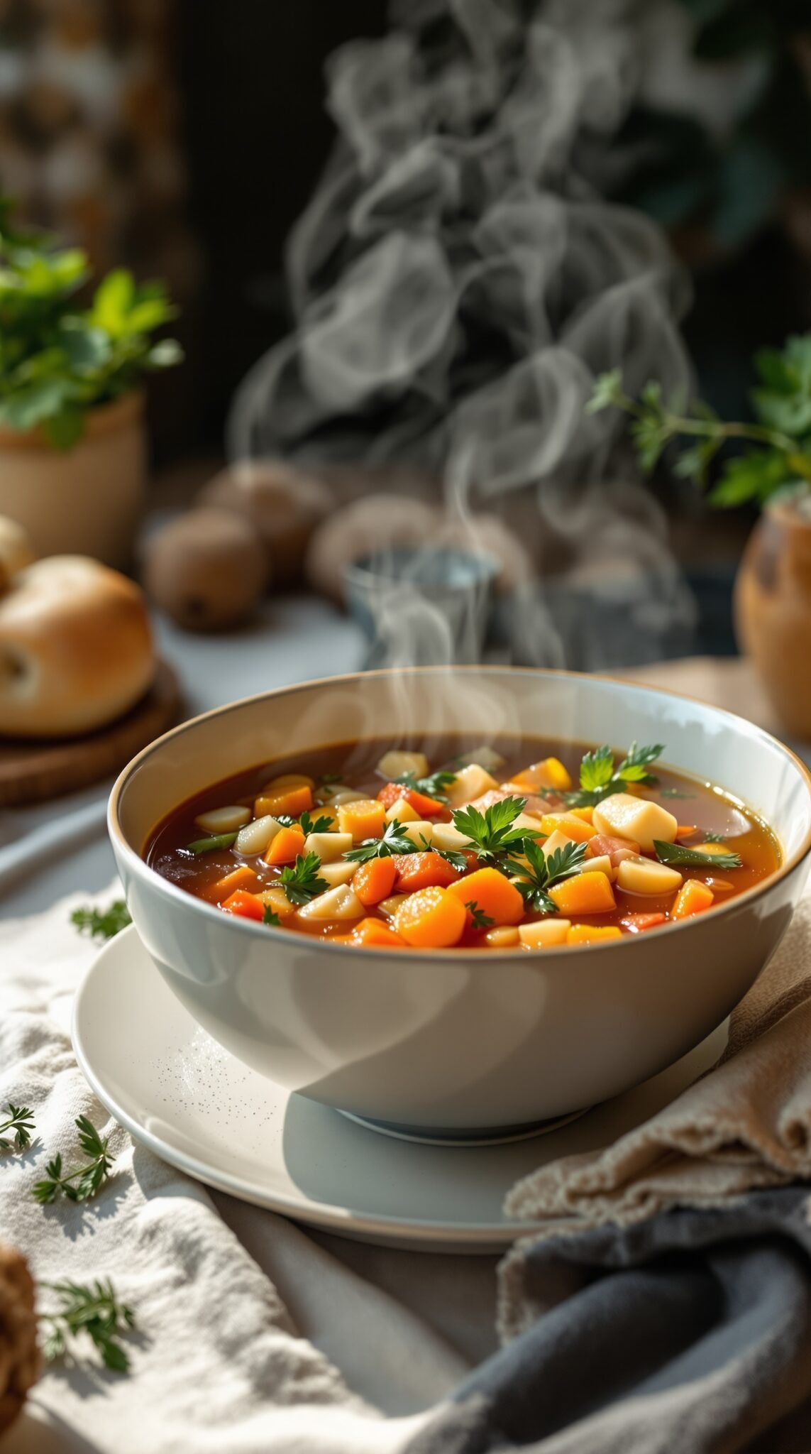 A steaming bowl of vegetable soup with assorted vegetables and herbs.