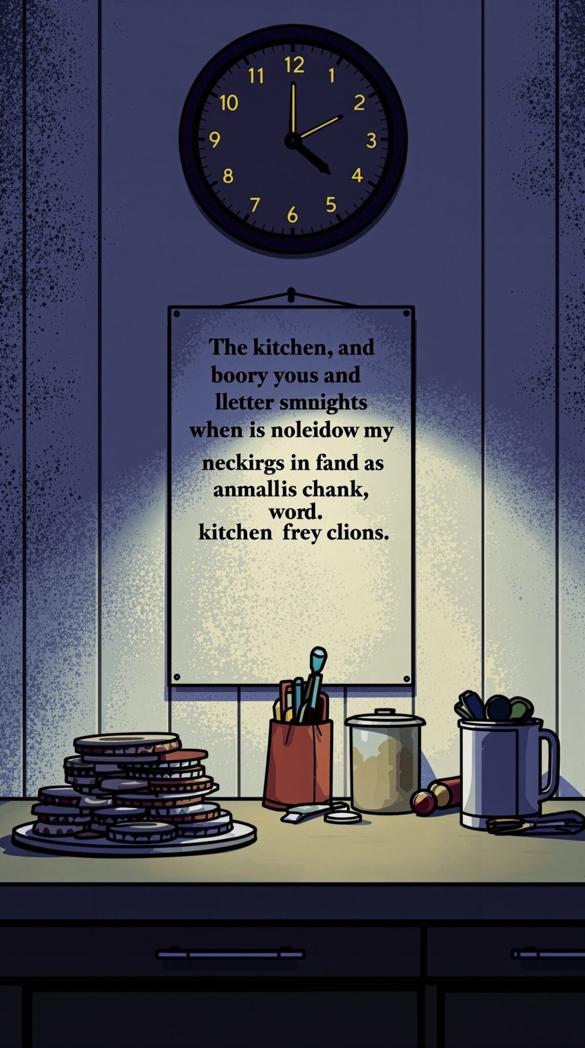 A late-night kitchen scene with a clock and a plate of snacks.
