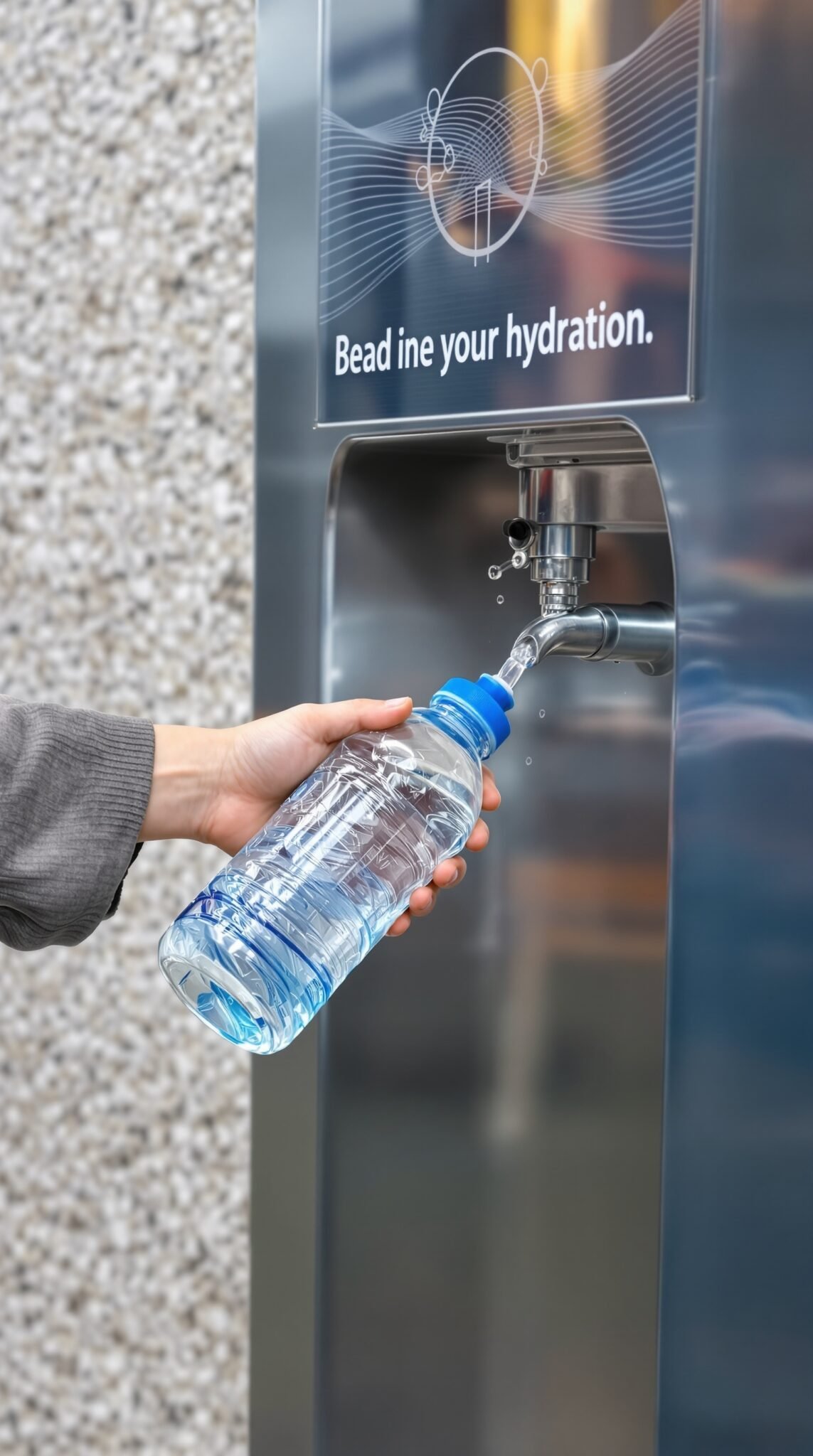 A person filling a water bottle at a hydration station.