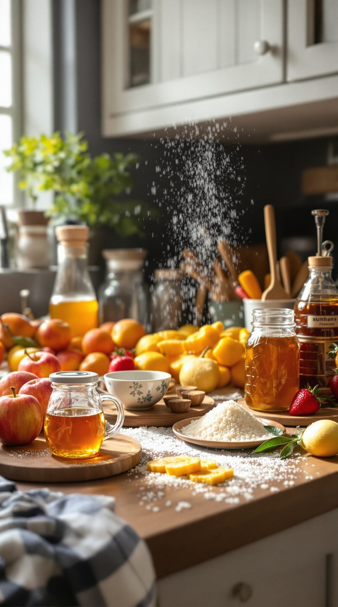 A cozy kitchen countertop filled with fresh fruits, a jar of honey, and sugar, showcasing the concept of healthy cooking.