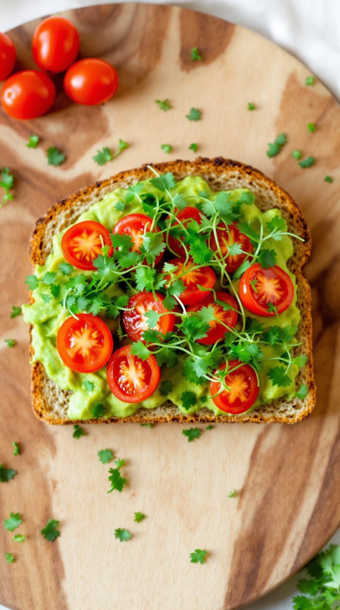 A slice of avocado toast topped with cherry tomatoes and cilantro on a wooden platter.