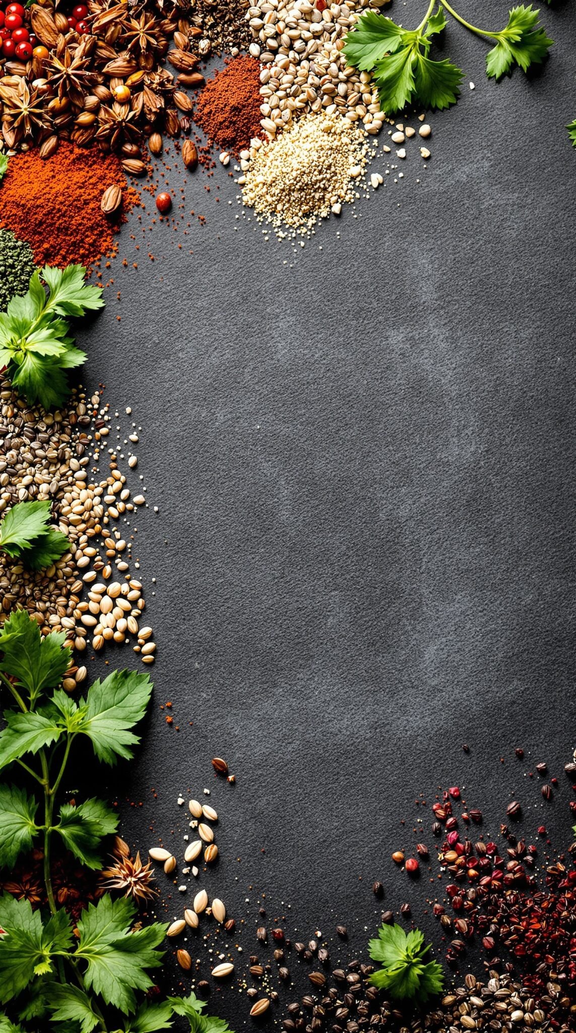 An assortment of herbs and spices arranged on a dark surface, showcasing vibrant colors and textures.