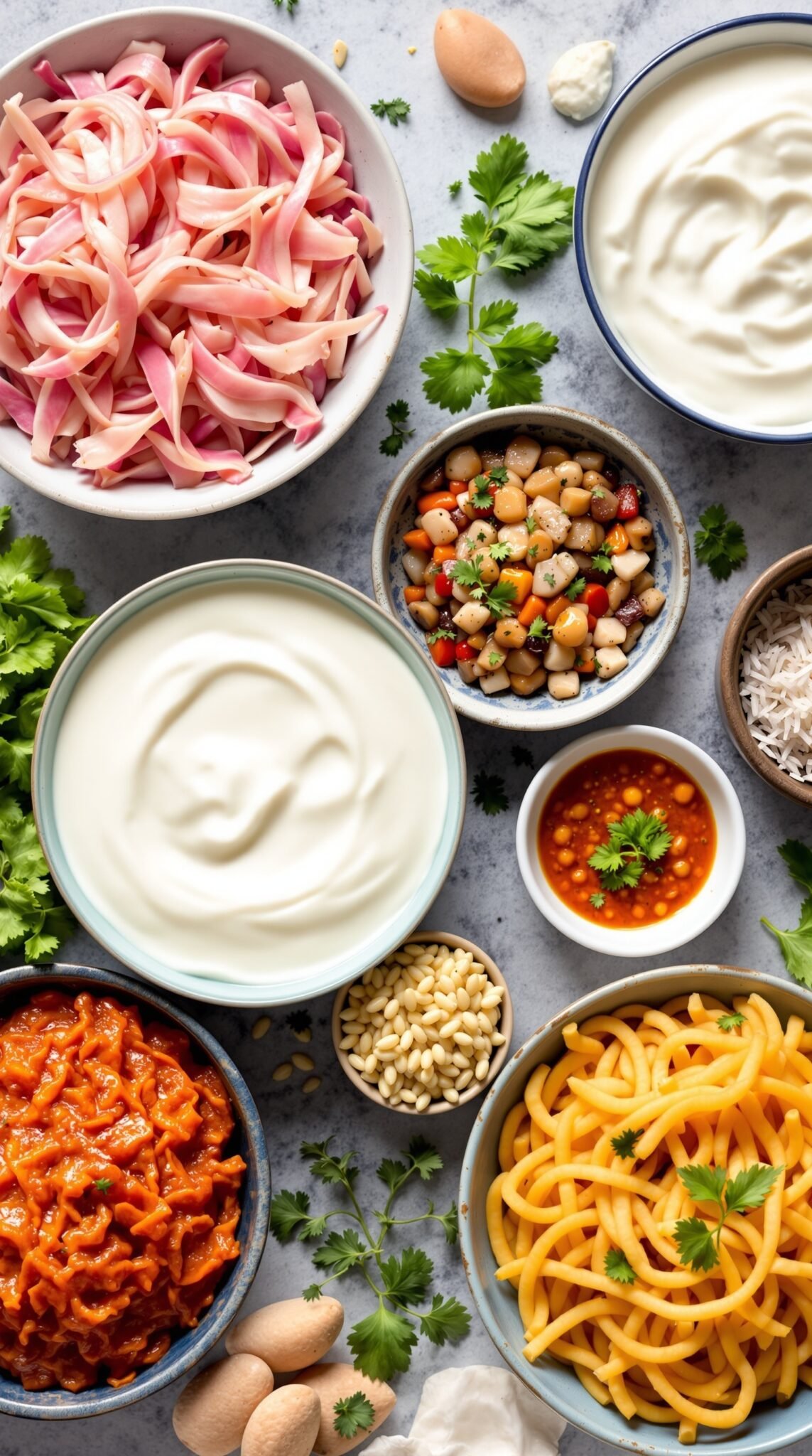 An assortment of probiotic-rich foods including yogurt, vegetables, and spices.