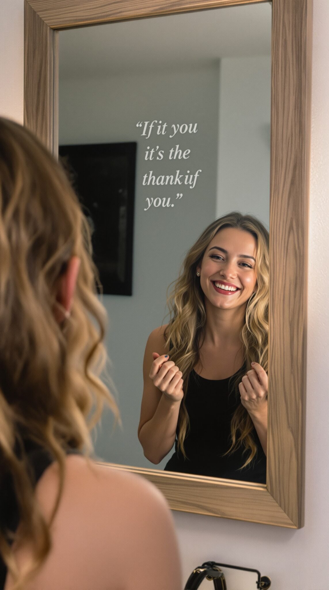 A woman smiling at her reflection in the mirror, surrounded by a warm and inviting room, highlighting self-love and gratitude.