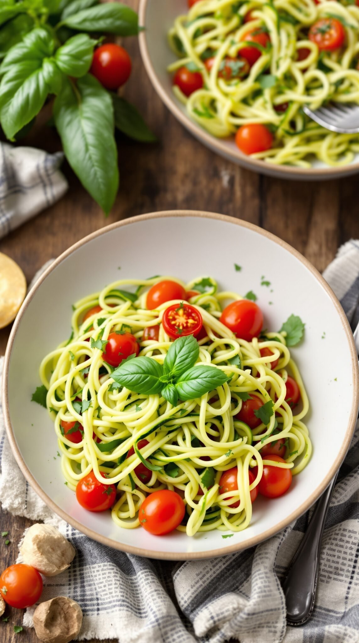 A vibrant bowl of zucchini noodles topped with cherry tomatoes and fresh basil on a wooden table