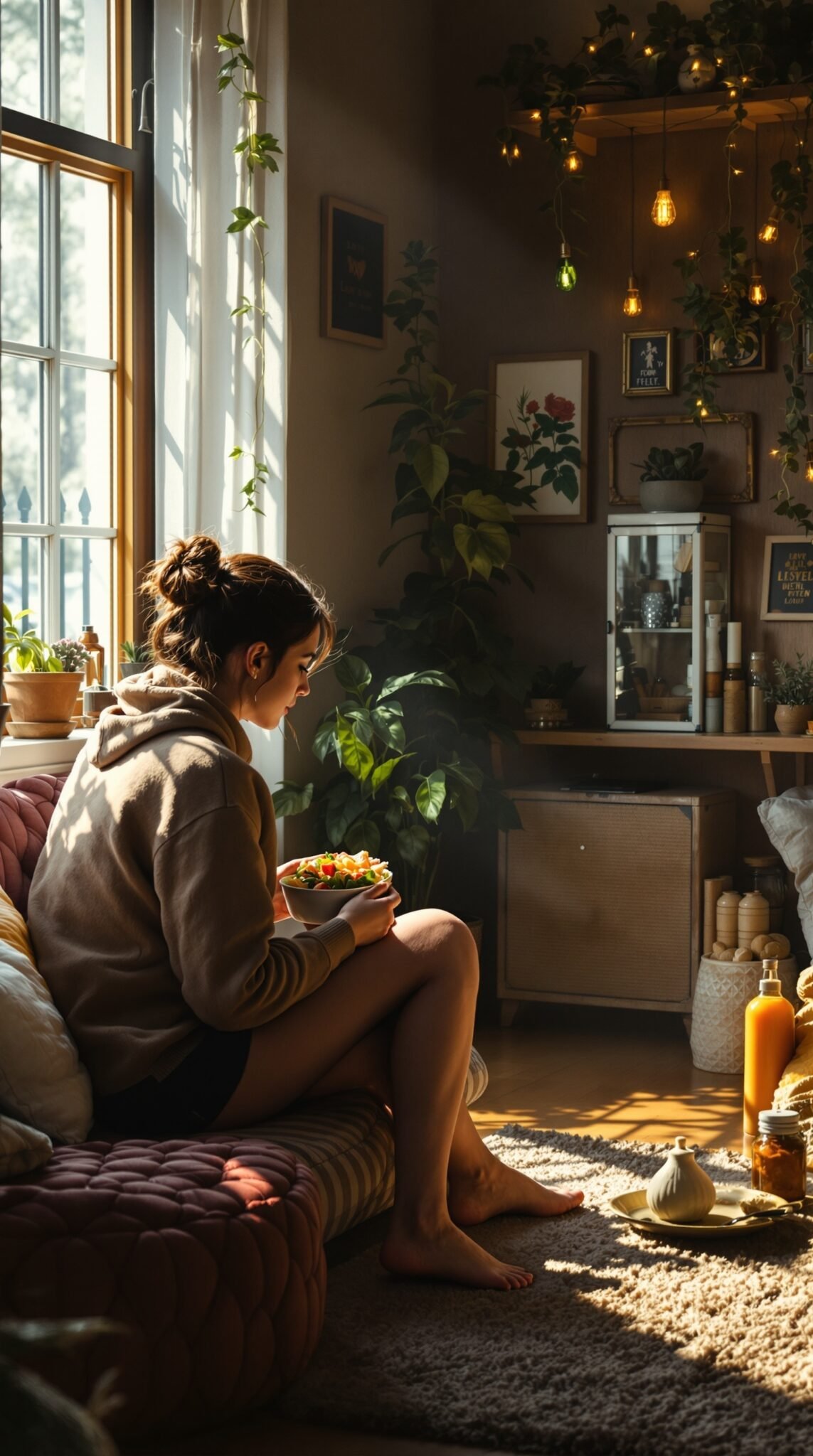 A woman sitting comfortably on a couch, enjoying a salad in a cozy, well-decorated living space.