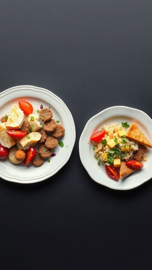 Two plates of food showcasing different portion sizes.