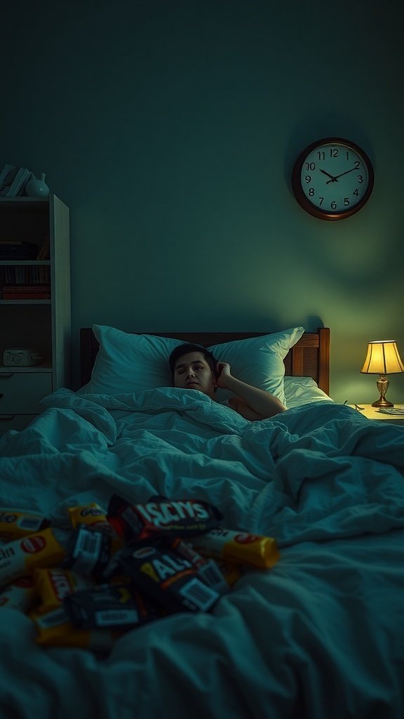 Person lying in bed surrounded by snacks, illustrating the struggle with late-night eating habits linked to poor sleep.