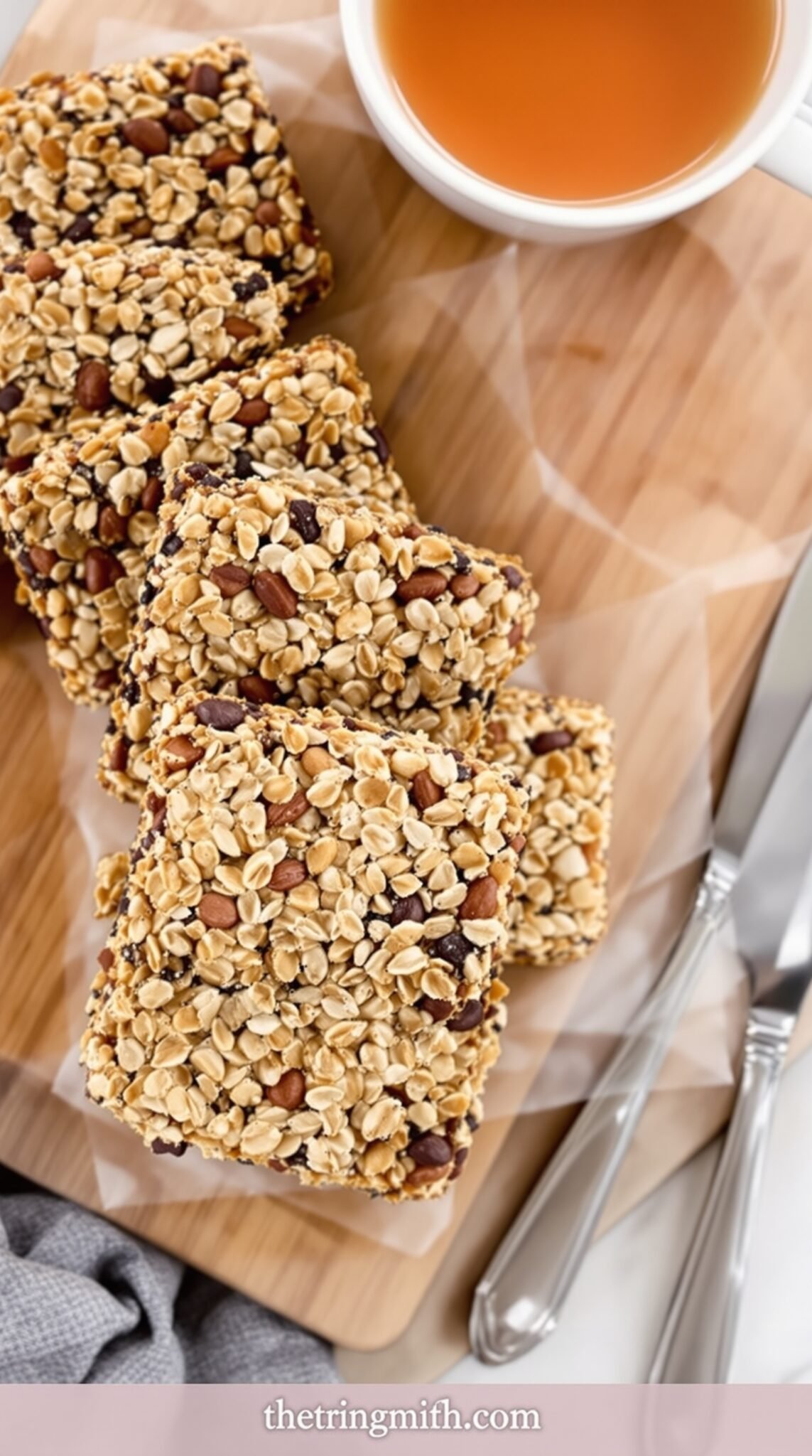 A close-up of nutty granola bars on a wooden board beside a cup of tea.
