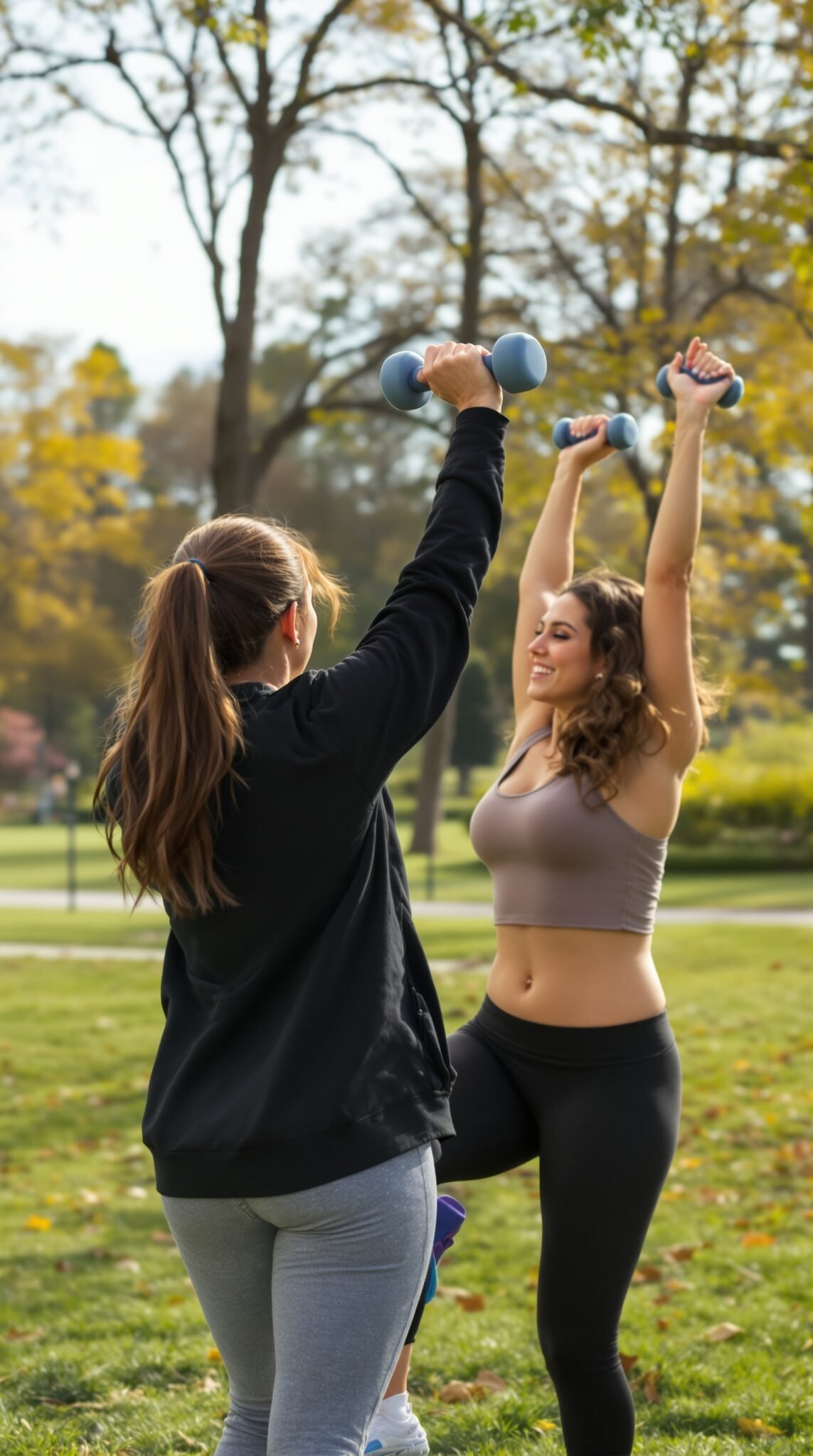 Two women lifting weights together outdoors, smiling and working out as friends.
