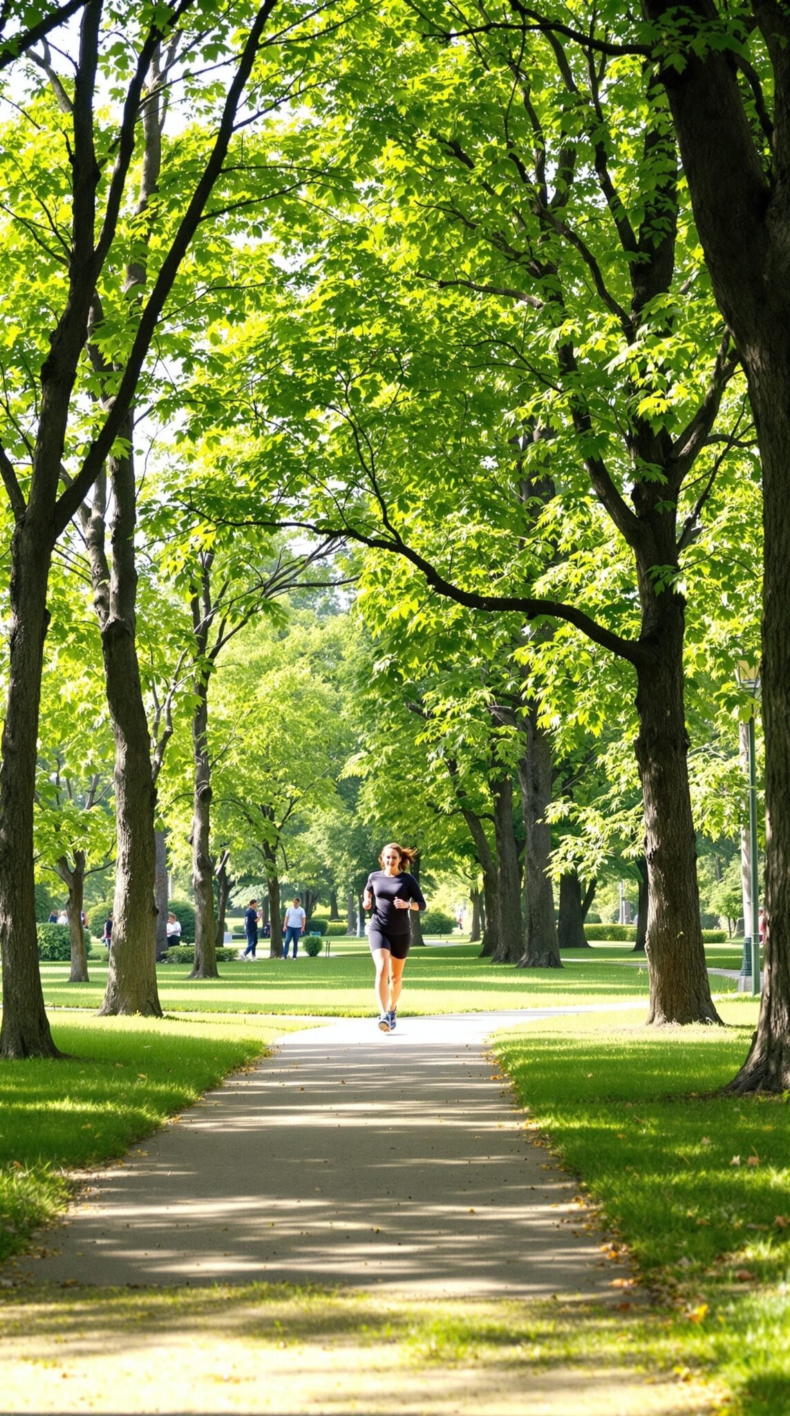 A person jogging on a scenic path surrounded by lush green trees.