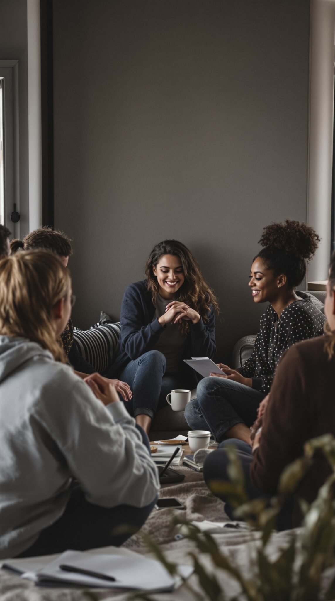 A group of friends sitting together, engaging in conversation in a cozy setting.