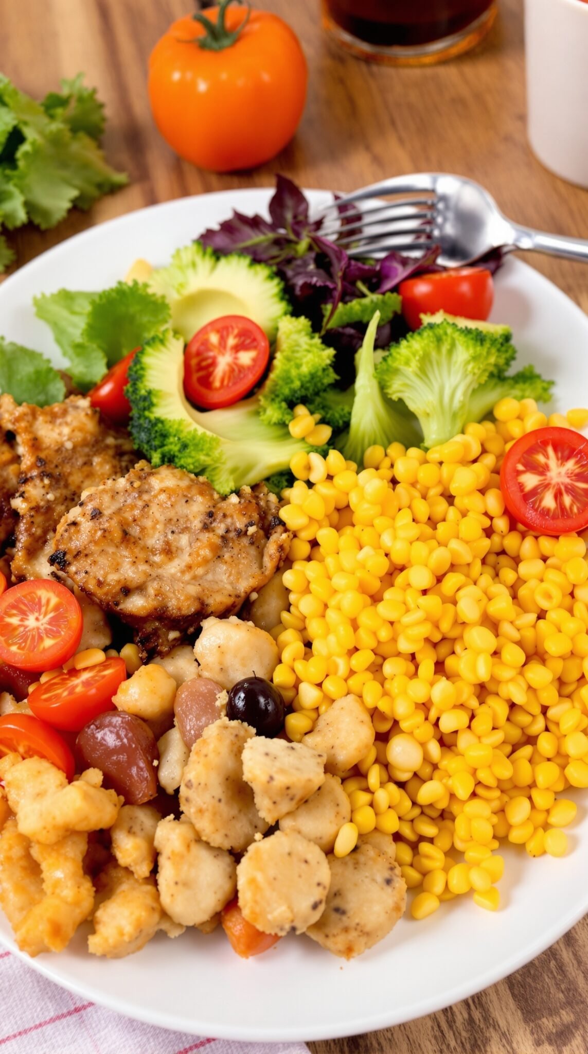 A balanced plate featuring broccoli, cherry tomatoes, corn, and chicken.