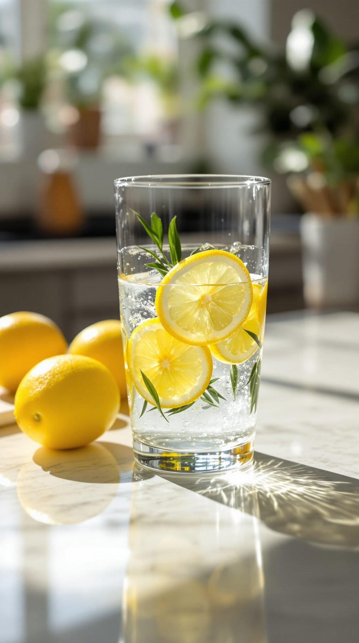 A glass of water with lemon slices and leaves on a sunny kitchen countertop.