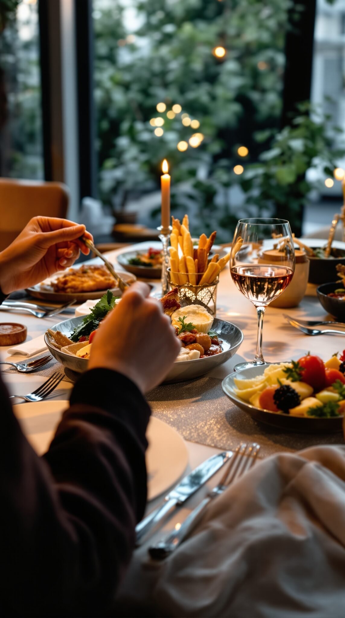 A beautiful dinner table with a person enjoying a variety of delicious dishes, demonstrating mindful eating.