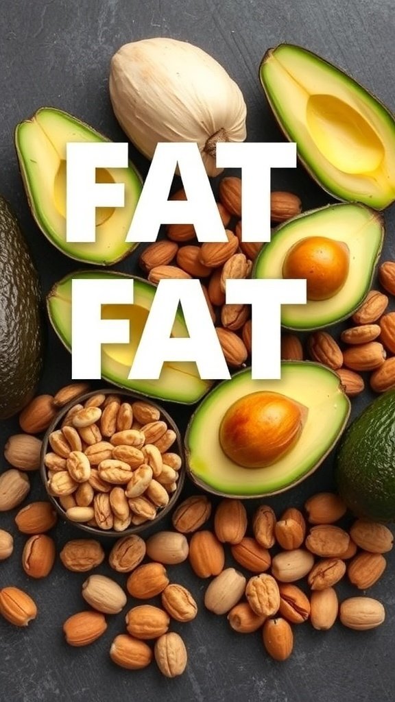 Healthy fats including avocados and nuts.